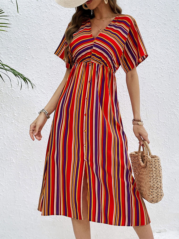 Midi Dresses- Sunny Vibrant Striped Midi Dress with Cinched Waist & V-Open Back- Red- IndioGear.com