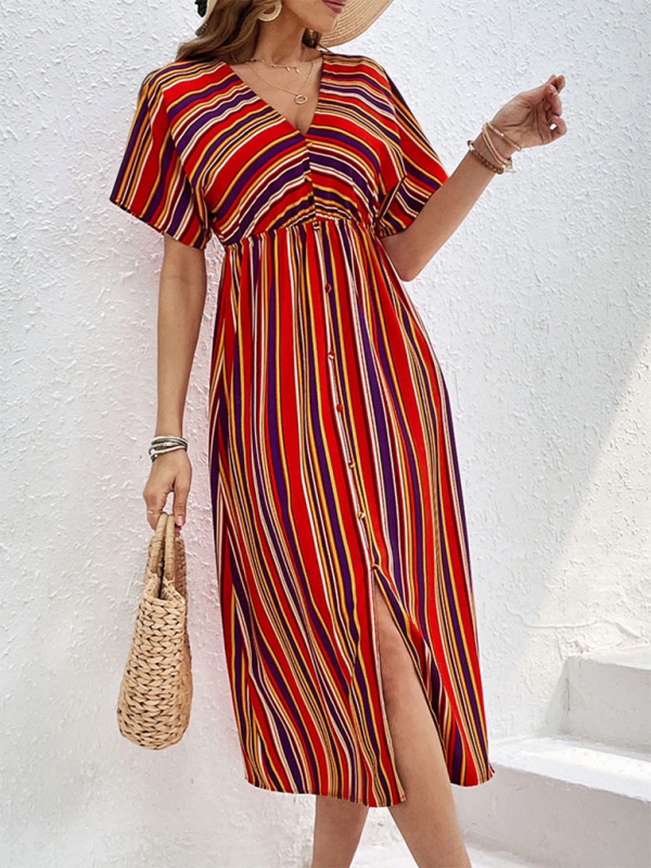 Midi Dresses- Sunny Vibrant Striped Midi Dress with Cinched Waist & V-Open Back- - IndioGear.com