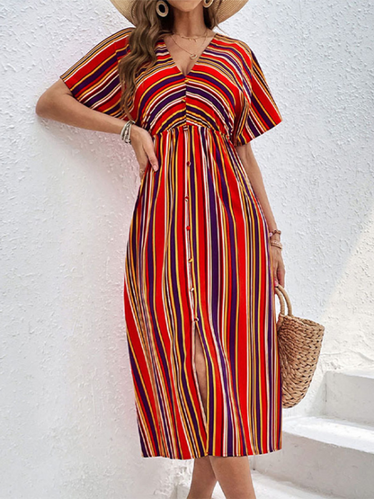 Midi Dresses- Sunny Vibrant Striped Midi Dress with Cinched Waist & V-Open Back- - IndioGear.com