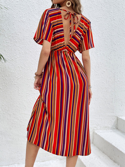 Midi Dresses- Sunny Vibrant Striped Midi Dress with Cinched Waist & V-Open Back- - IndioGear.com