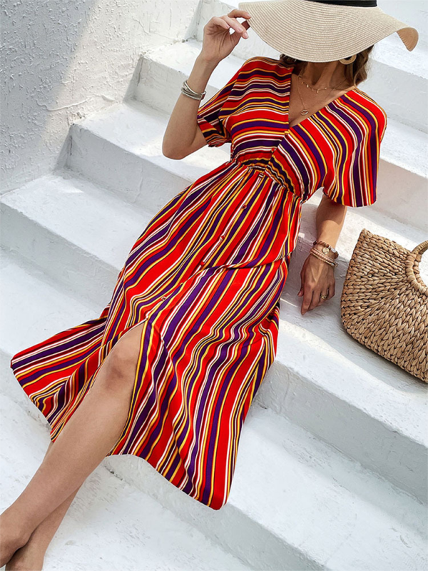 Midi Dresses- Sunny Vibrant Striped Midi Dress with Cinched Waist & V-Open Back- - IndioGear.com