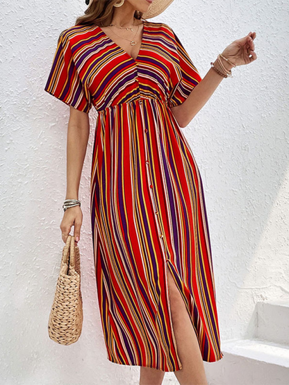 Midi Dresses- Sunny Vibrant Striped Midi Dress with Cinched Waist & V-Open Back- - IndioGear.com