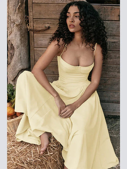 Midi Dresses- Sweetheart Neckline Fit & Flare Dress for Summer- Yellow- IndioGear.com