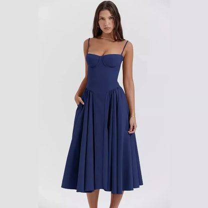 Midi Dresses- Sweetheart Neckline Fit & Flare Dress for Summer- Navy Blue- IndioGear.com