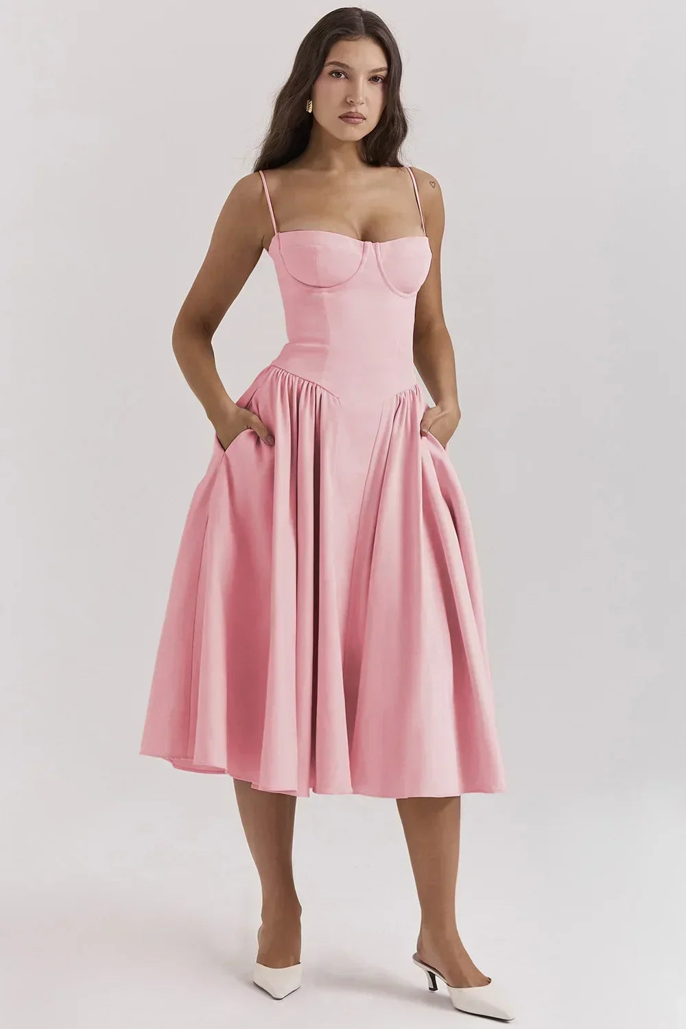 Midi Dresses- Sweetheart Neckline Fit & Flare Dress for Summer- Pink- IndioGear.com