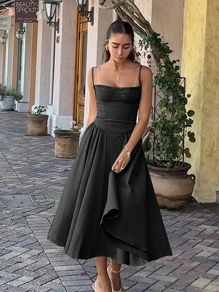 Midi Dresses- Sweetheart Neckline Fit & Flare Dress for Summer- Black- IndioGear.com