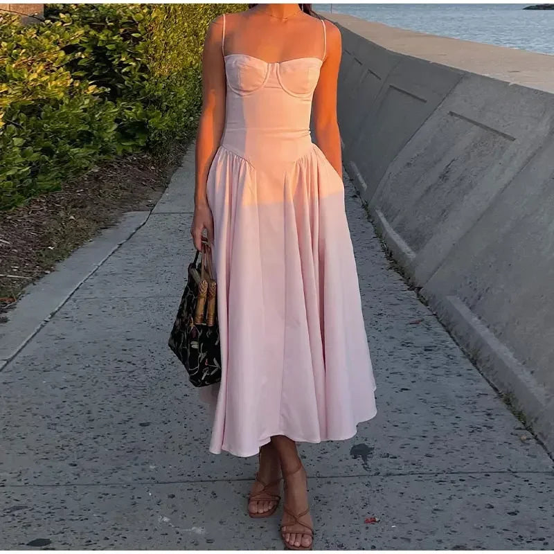 Midi Dresses- Sweetheart Neckline Fit & Flare Dress for Summer- - IndioGear.com