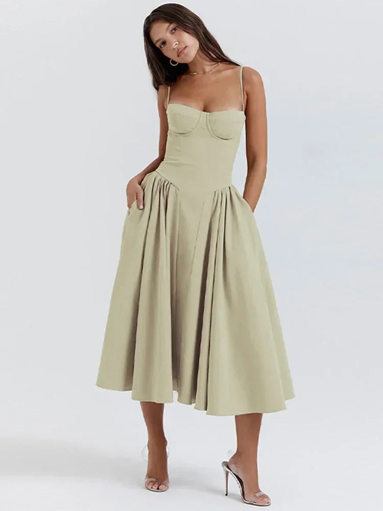 Midi Dresses- Sweetheart Neckline Fit & Flare Dress for Summer- - IndioGear.com