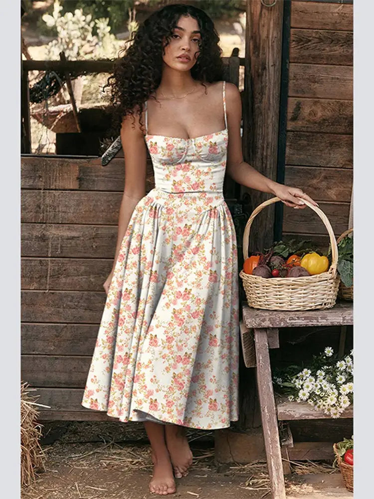 Midi Dresses- Sweetheart Neckline Fit & Flare Dress for Summer- Floral Print- IndioGear.com