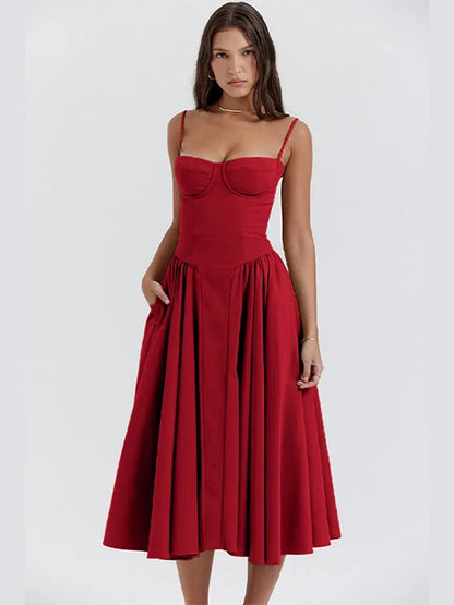 Midi Dresses- Sweetheart Neckline Fit & Flare Dress for Summer- Red- IndioGear.com