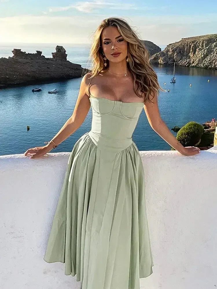 Midi Dresses- Sweetheart Neckline Fit & Flare Dress for Summer- Light Green- IndioGear.com