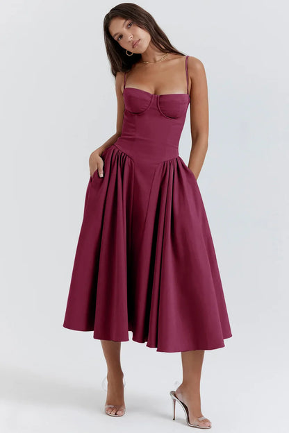 Midi Dresses- Sweetheart Neckline Fit & Flare Dress for Summer- Plum Red- IndioGear.com