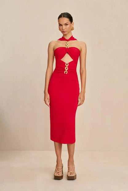 Midi Dresses- Sweetheart Neck Midi Dress with Chain Detailing- Red- IndioGear.com