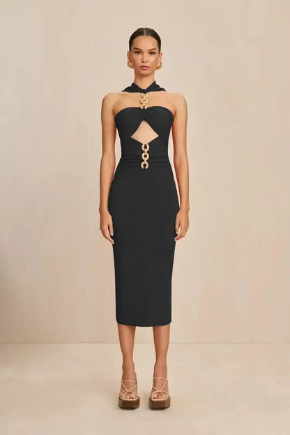 Midi Dresses- Sweetheart Neck Midi Dress with Chain Detailing- Black- IndioGear.com