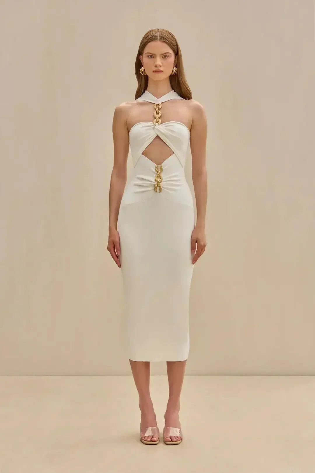 Midi Dresses- Sweetheart Neck Midi Dress with Chain Detailing- White- IndioGear.com