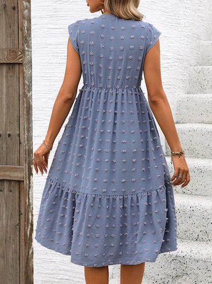 Women's Midi Dress with Swiss Dot Fabric and V-Neckline