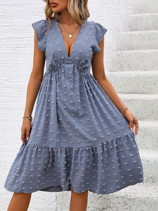 Robe midi pour femme avec tissu à pois et décolleté en V