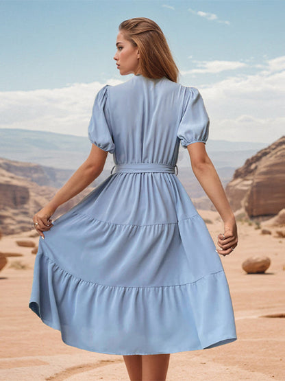 Midi Dresses- Tiered Belted A-Line Midi Dress with Short Puff Sleeves for Women- - IndioGear Fashion and Gear