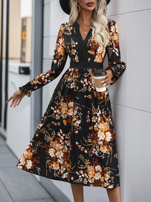 Midi Dresses- Vibrant Autumn Floral Midi Dress- - IndioGear.com