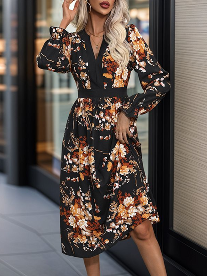 Midi Dresses- Vibrant Autumn Floral Midi Dress- Black- IndioGear.com