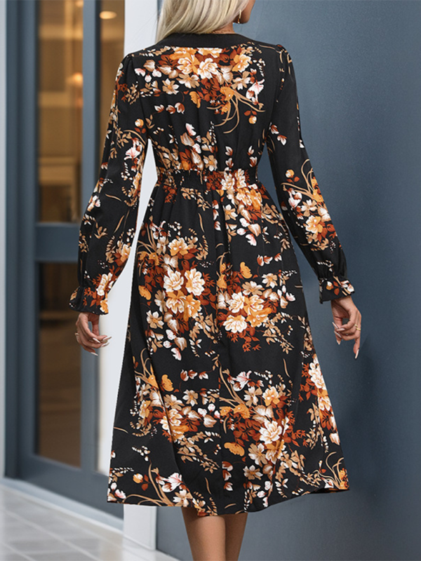 Midi Dresses- Vibrant Autumn Floral Midi Dress- - IndioGear.com