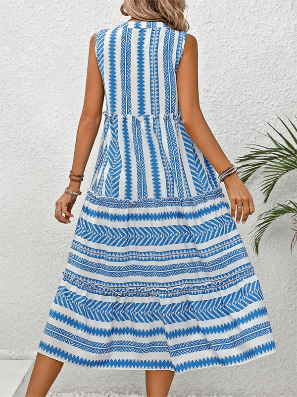 Midi Dresses- Women Boho Geo Print Sundress Tiered A-Line Dress- - IndioGear.com