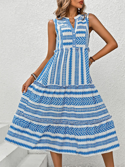 Midi Dresses- Women Boho Geo Print Sundress Tiered A-Line Dress- - IndioGear.com