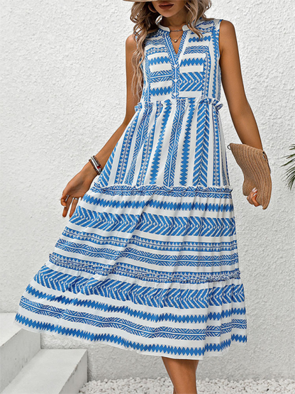 Midi Dresses- Women Boho Geo Print Sundress Tiered A-Line Dress- - IndioGear.com