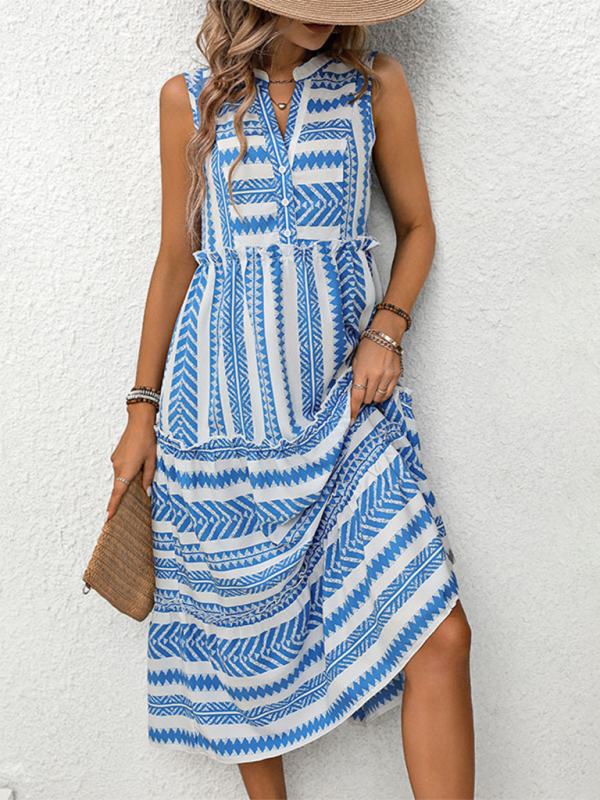 Midi Dresses- Women Boho Geo Print Sundress Tiered A-Line Dress- Blue- IndioGear.com