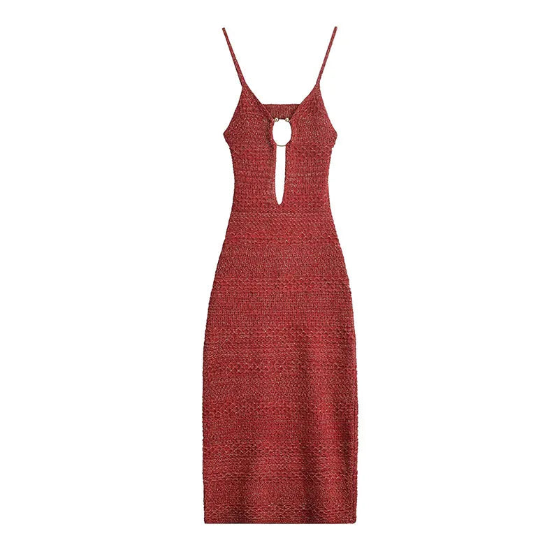 Midi Dresses- Women Textured Knit Midi Dress with Daring Cutout Detail- Red- IndioGear.com