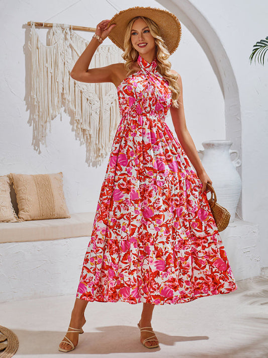 Midi Dresses- Women's A-Line Smocked Halter Dress in Florals- Red- IndioGear.com