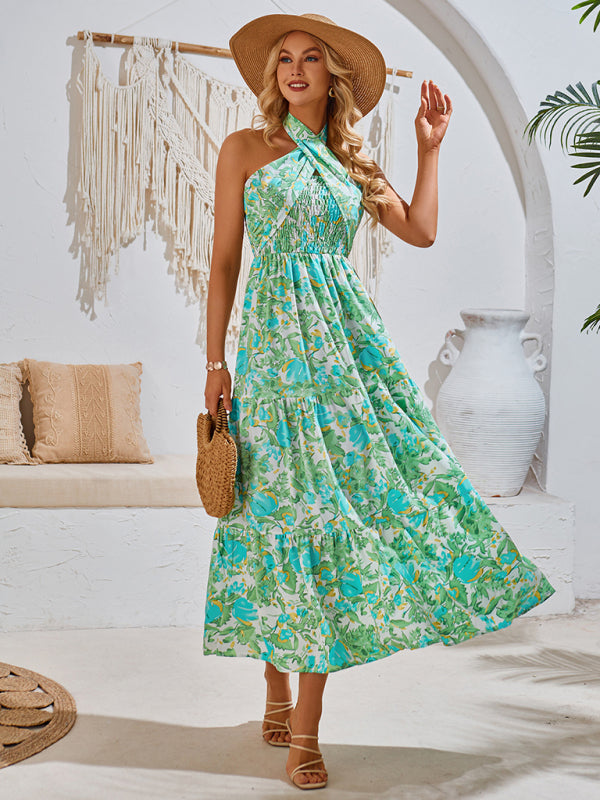 Midi Dresses- Women's A-Line Smocked Halter Dress in Florals- - IndioGear.com