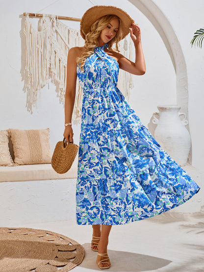 Midi Dresses- Women's A-Line Smocked Halter Dress in Florals- - IndioGear.com