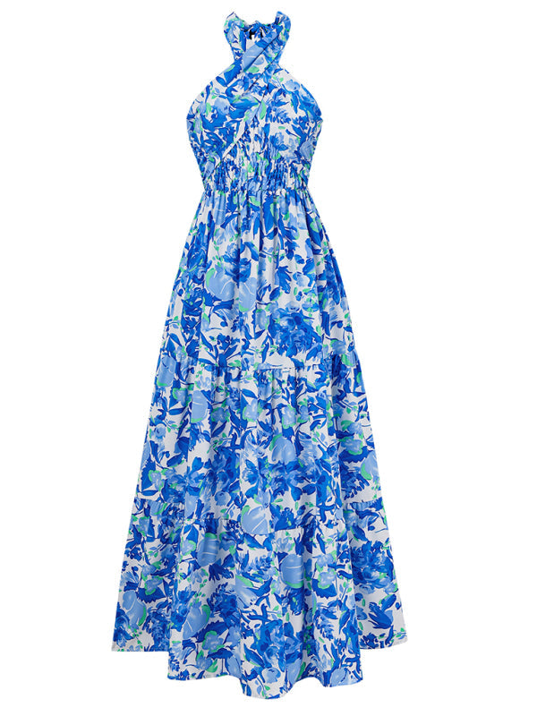 Midi Dresses- Women's A-Line Smocked Halter Dress in Florals- - IndioGear.com