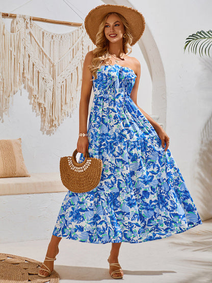 Midi Dresses- Women's A-Line Smocked Halter Dress in Florals- Blue- IndioGear.com