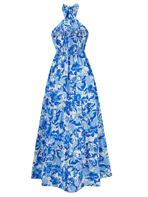 Midi Dresses- Women's A-Line Smocked Halter Dress in Florals- - IndioGear.com