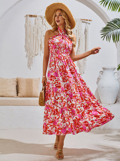 Midi Dresses- Women's A-Line Smocked Halter Dress in Florals- - IndioGear.com