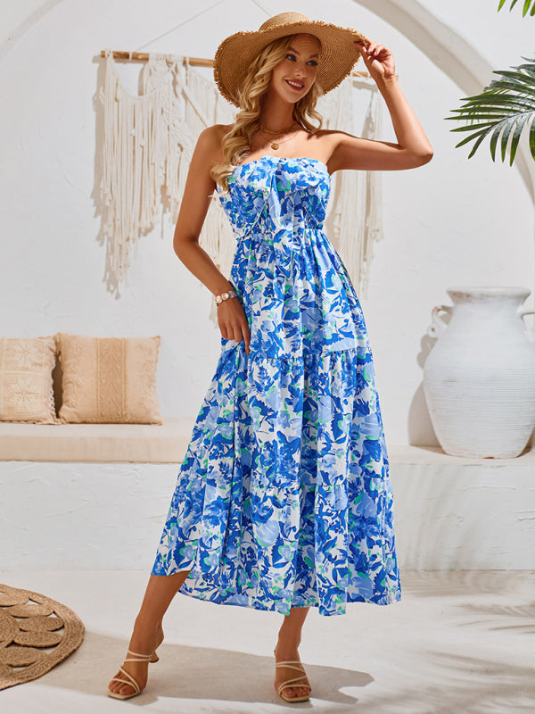 Midi Dresses- Women's A-Line Smocked Halter Dress in Florals- - IndioGear.com