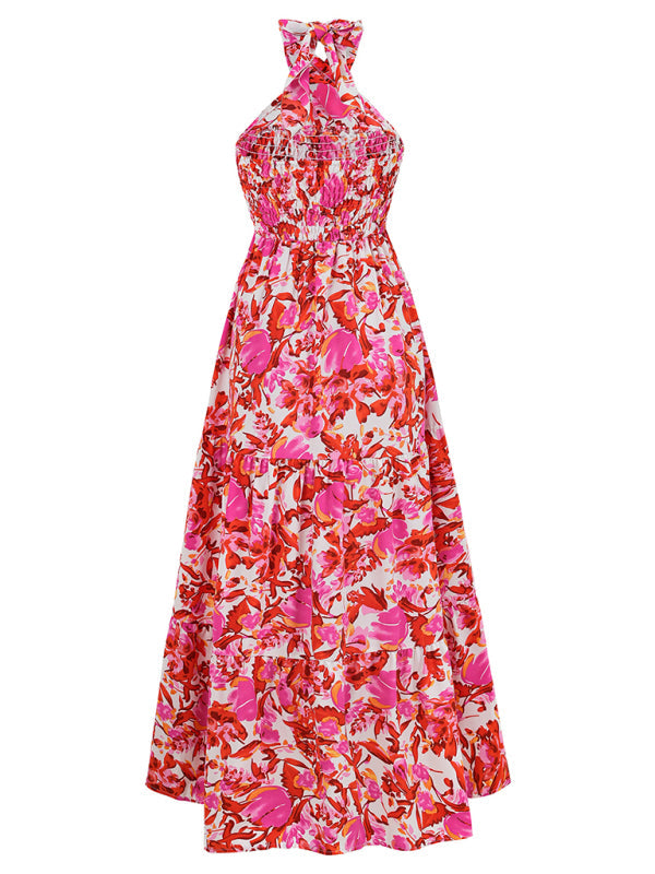 Midi Dresses- Women's A-Line Smocked Halter Dress in Florals- - IndioGear.com