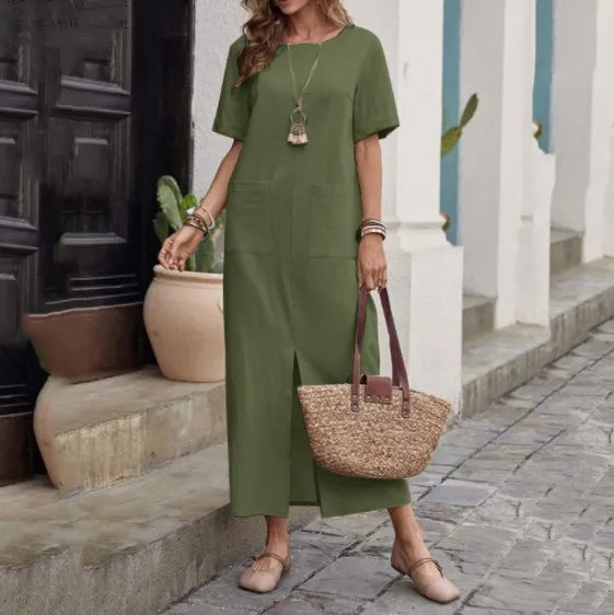 Midi Dresses- Loose Fit Midi Dress for Casual Summer Gatherings- Army green- IndioGear.com