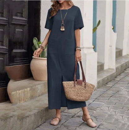 Midi Dresses- Loose Fit Midi Dress for Casual Summer Gatherings- Dark blue- IndioGear.com