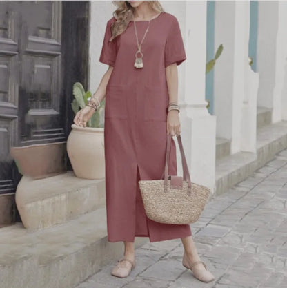 Midi Dresses- Loose Fit Midi Dress for Casual Summer Gatherings- Red- IndioGear.com