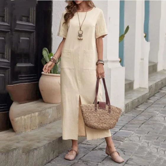 Midi Dresses- Loose Fit Midi Dress for Casual Summer Gatherings- Apricot- IndioGear.com