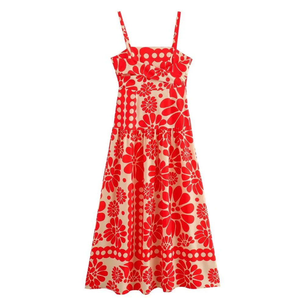 Midi Dresses- Garden Red Floral Print Midi Dress for Special Occasions- - IndioGear.com