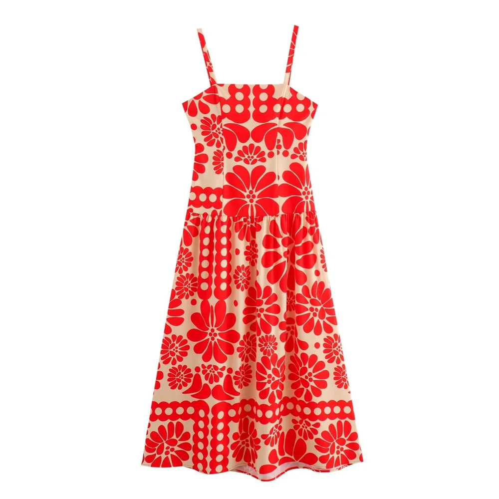 Midi Dresses- Garden Red Floral Print Midi Dress for Special Occasions- Red- IndioGear.com