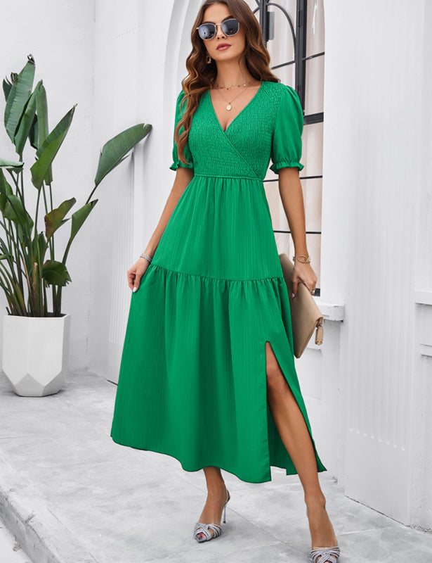 Midi Dresses- Women's Smocked Bodice Midi Dress with Solid Puff Sleeves- - IndioGear Fashion and Gear