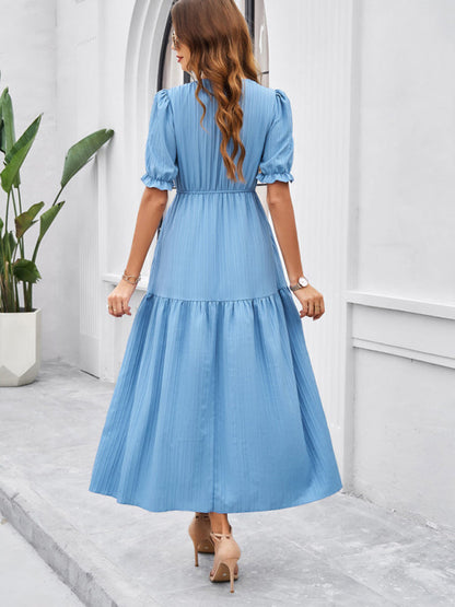 Midi Dresses- Women's Smocked Bodice Midi Dress with Solid Puff Sleeves- - IndioGear Fashion and Gear