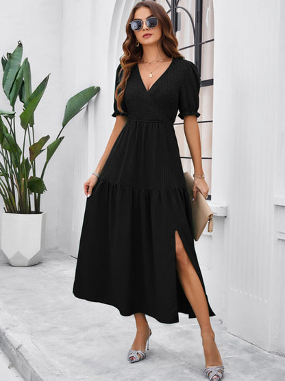 Midi Dresses- Women's Smocked Bodice Midi Dress with Solid Puff Sleeves- - IndioGear Fashion and Gear