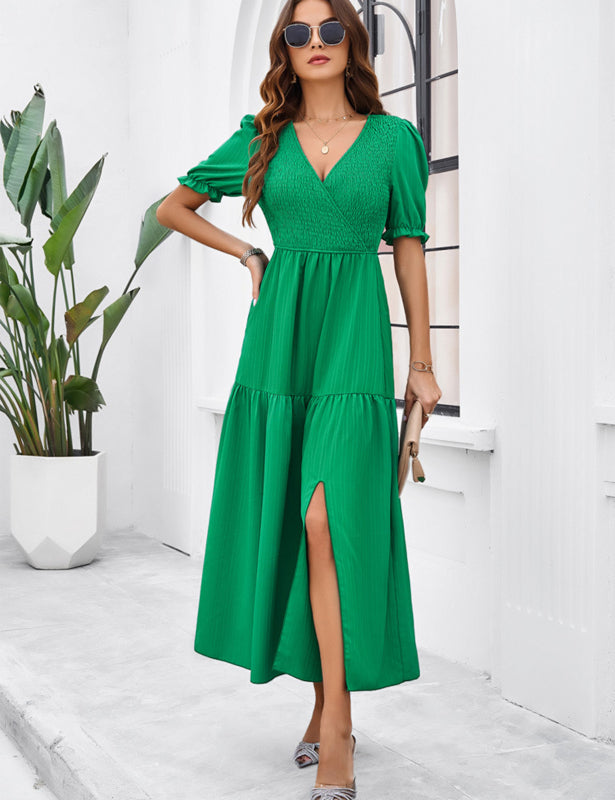 Midi Dresses- Women's Smocked Bodice Midi Dress with Solid Puff Sleeves- - IndioGear Fashion and Gear