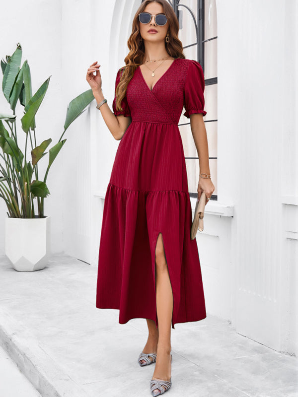 Midi Dresses- Women's Smocked Bodice Midi Dress with Solid Puff Sleeves- - IndioGear Fashion and Gear